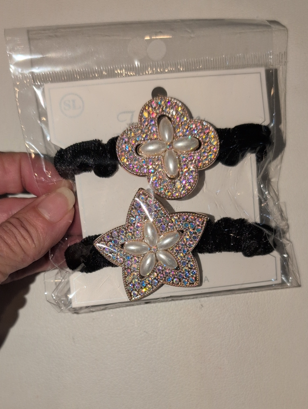 Rhinestone Flower Elastic Hair Ponytail Bands - Iridescent on Black